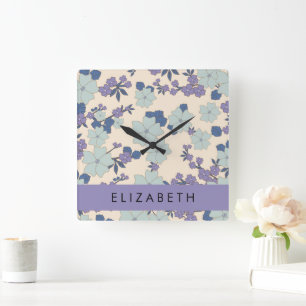 Horloge Carrée Fleurs Bleues, Fleurs Violettes, Floral, Votre Nom