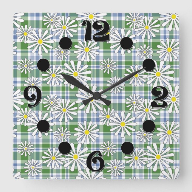 Horloge Carrée Fleurs chamomiles blanches sur à damiers bleu vert (Recto)