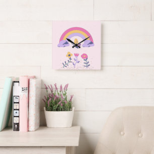 Horloge Carrée Fleurs Cloud Arc-en-ciel