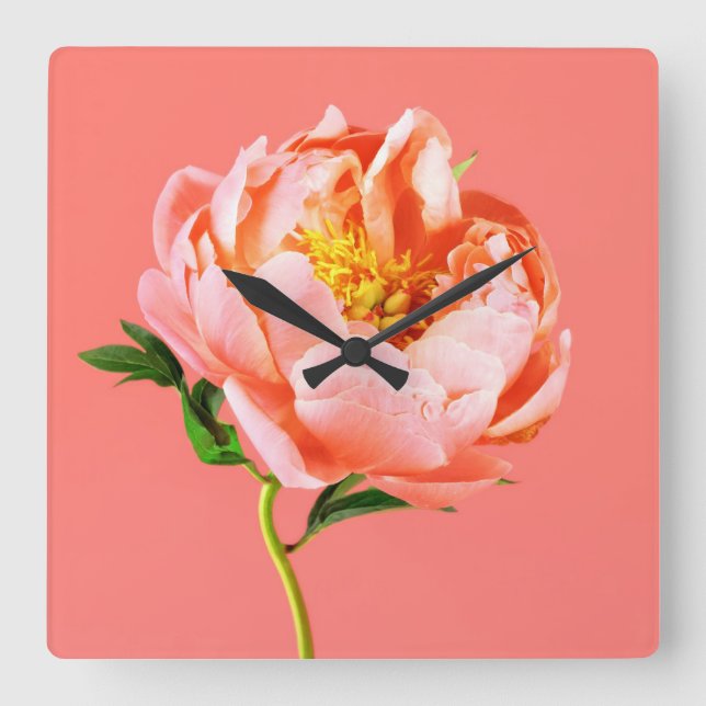 Horloge Carrée Fleurs | Coral Peony Blossom (Recto)