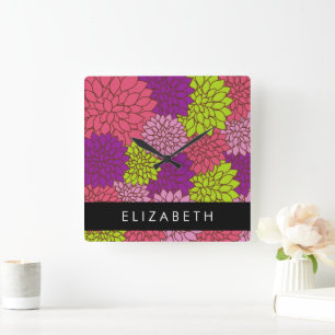 Horloge Carrée Fleurs Dahlia, Fleurs Colorées, Votre Nom