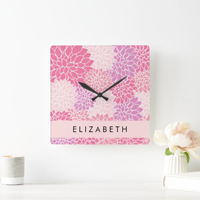Horloge Carrée Fleurs Dahlia Roses, Motif De Fleurs, Votre Nom (Maison)