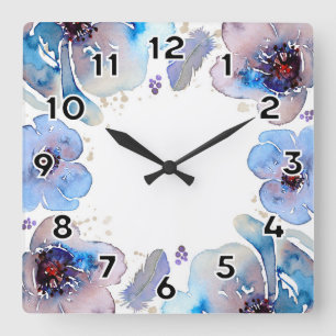 Horloge Carrée Fleurs d'aquarelle bleue