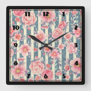 Horloge Carrée Fleurs d'aquarelle rose sur Motif rayé