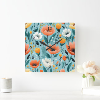 Horloge Carrée fleurs d'art coloré-aqua, blanc, pêche, jaune,