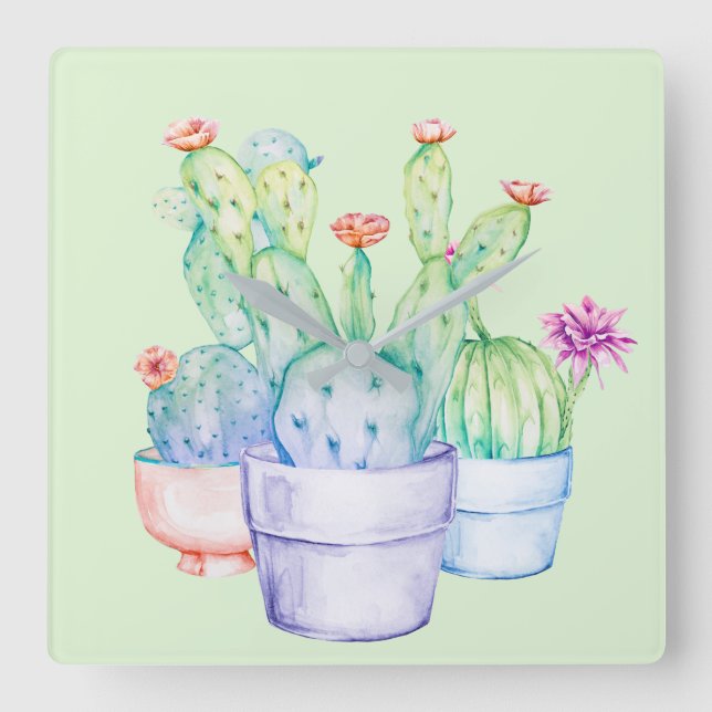 Horloge Carrée Fleurs de cactus Coral Mint Vert Aquarelle rose (Recto)