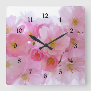 Horloge Carrée Fleurs de cerisier rose pastel