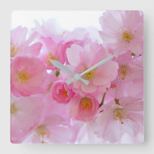 Horloge Carrée Fleurs de cerisier rose pastel