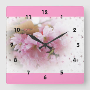 Horloge Carrée fleurs de cerisier roses. art photo floral.