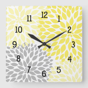 Horloge Carrée Fleurs de dahlia modernes jaunes et gris
