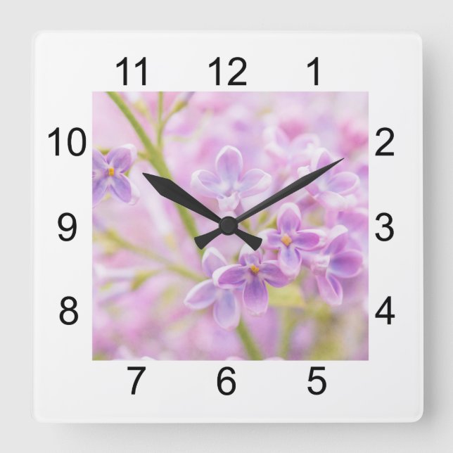 Horloge Carrée Fleurs de lilas brume (Recto)
