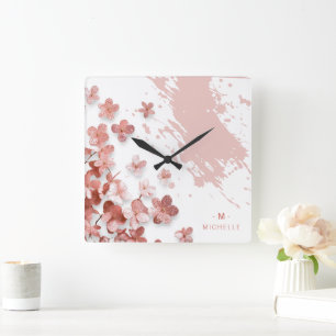 Horloge Carrée Fleurs de Parties scintillant rose Floral Pinceau 