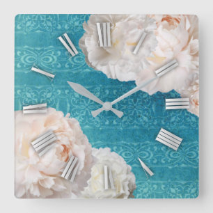 Horloge Carrée Fleurs de pivoines blanches sur motif de damas tur