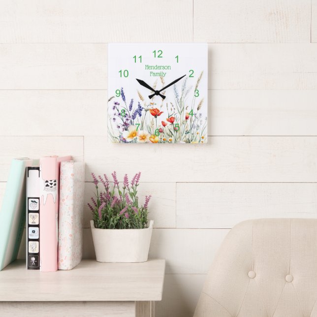 Horloge Carrée Fleurs de prairie et lavande (Salle de lecture)