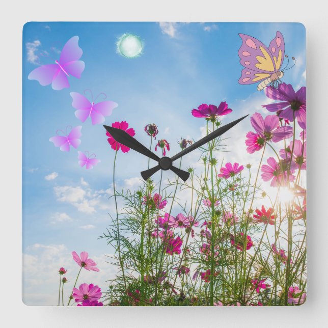 Horloge Carrée fleurs de printemps et papillon (Recto)