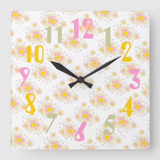 Horloge Carrée Fleurs de printemps (rose/jaune) (Recto)