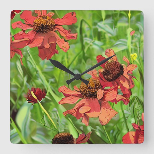 HORLOGE CARRÉE FLEURS DE RUDBECKIA ROUGES (Recto)