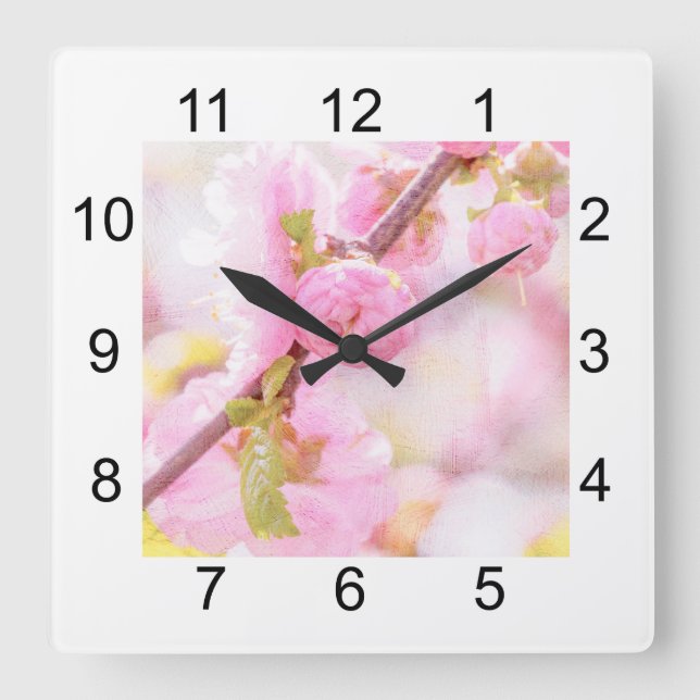 Horloge Carrée Fleurs de sakura roses - Fleur de cerisier japonai (Recto)