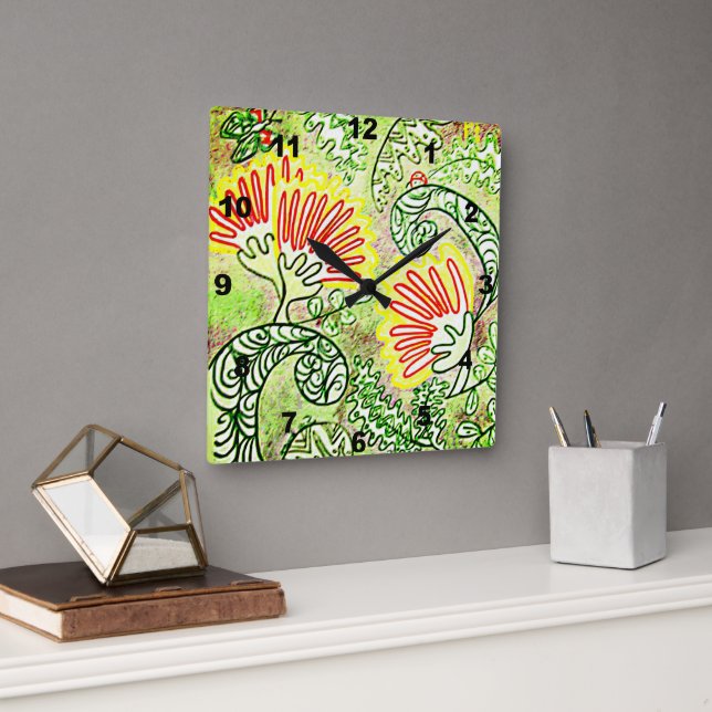 Horloge Carrée Fleurs de sapin rouge stylisées (Bureau)