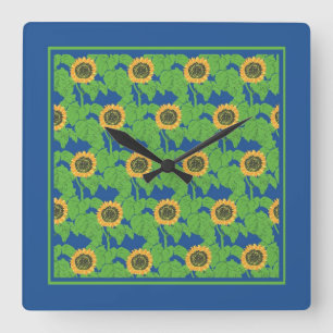 Horloge Carrée Fleurs de soleil dorées sur Arrière - plan bleu vi