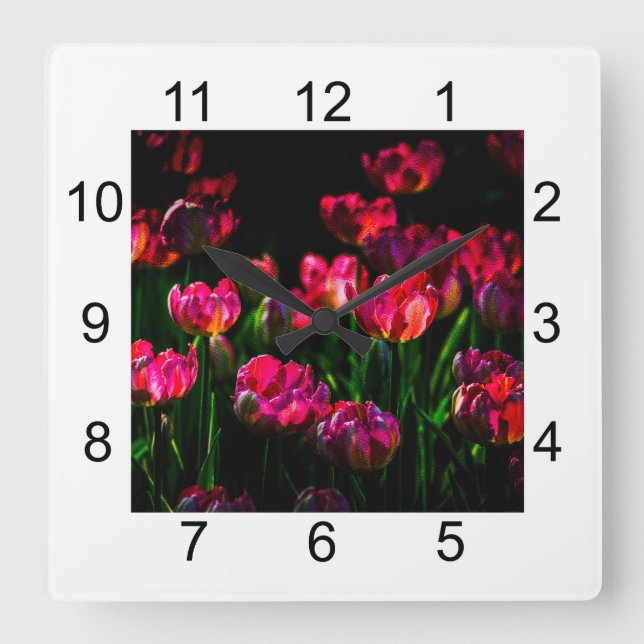 Horloge Carrée Fleurs de tulipe roses (Recto)