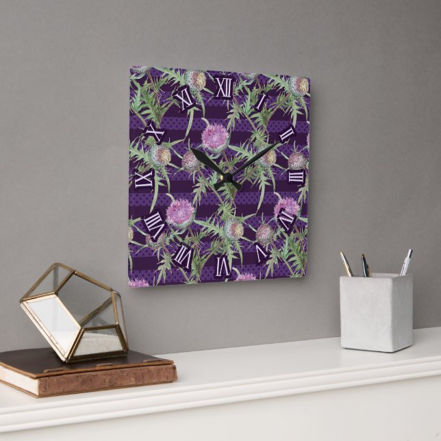 Horloge Carrée fleurs de violette chardon (Bureau)