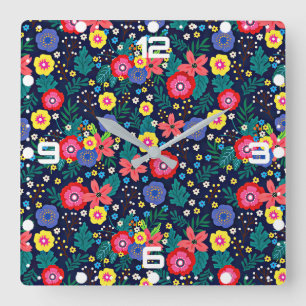 Horloge Carrée Fleurs Décoratives Et Feuille Motif-48675