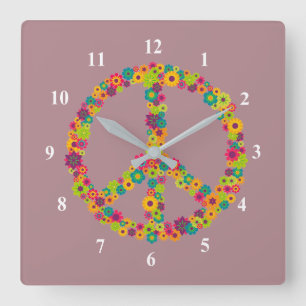 Horloge Carrée Fleurs des signes de paix hippie