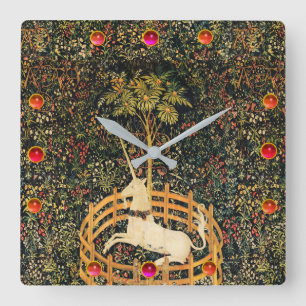 HORLOGE CARRÉE FLEURS D'IMAGINAIRES UNICORNES ET GOTHIQUES, MOTIF