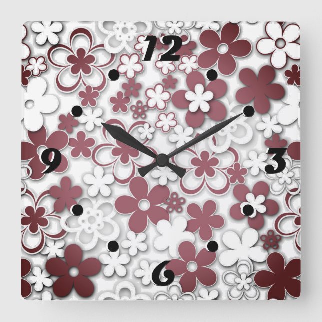 Horloge Carrée Fleurs en papier rouges et blanches (Recto)