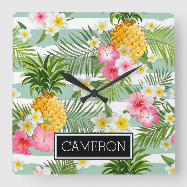 Horloge Carrée Fleurs et ananas Turquoises rayures | Ajouter Votr (Recto)