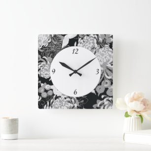 Horloge Carrée Fleurs et oiseaux noirs, blancs et gris vintages