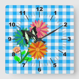 Horloge Carrée Fleurs et papillon en Vicky Bleu