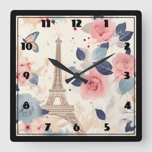 Horloge Carrée Fleurs et Tour Eiffel Paris Motif de voyage (Recto)