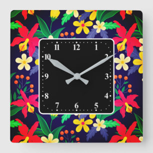 Horloge Carrée Fleurs Exotiques Colorées Motif Feuilles-23021