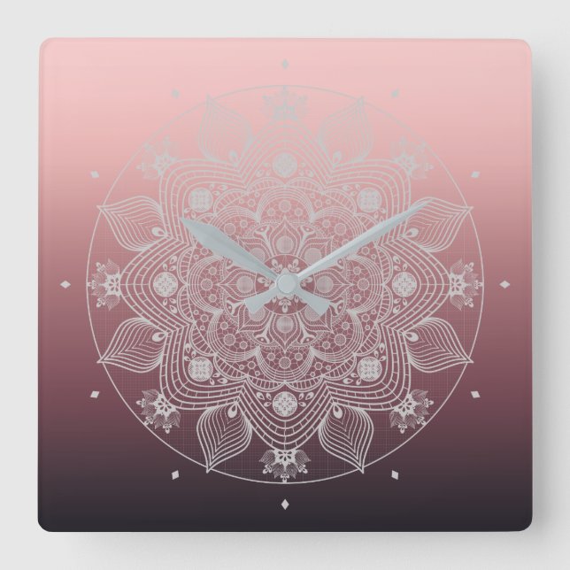 Horloge Carrée Fleurs, Feuilles, Dentelle Blanche Floral Mandala  (Recto)