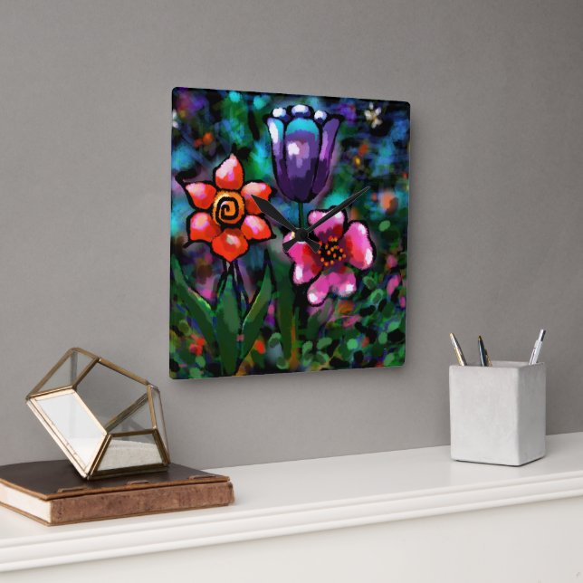 Horloge Carrée Fleurs florales blanches bleu rose (Bureau)