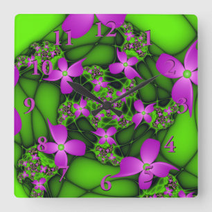 Horloge Carrée Fleurs fractales abstraites modernes rose vert néo