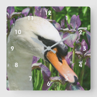 Horloge Carrée Fleurs Iris Portées De Cygne Et De Violet