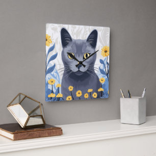 Horloge Carrée Fleurs Jaunes Chat Bleu Russe