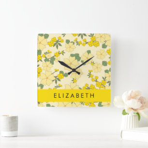 Horloge Carrée Fleurs Jaunes, Motif De Fleurs, Votre Nom