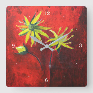 Horloge Carrée Fleurs Jaunes Peinture Arrière - plan Rouge