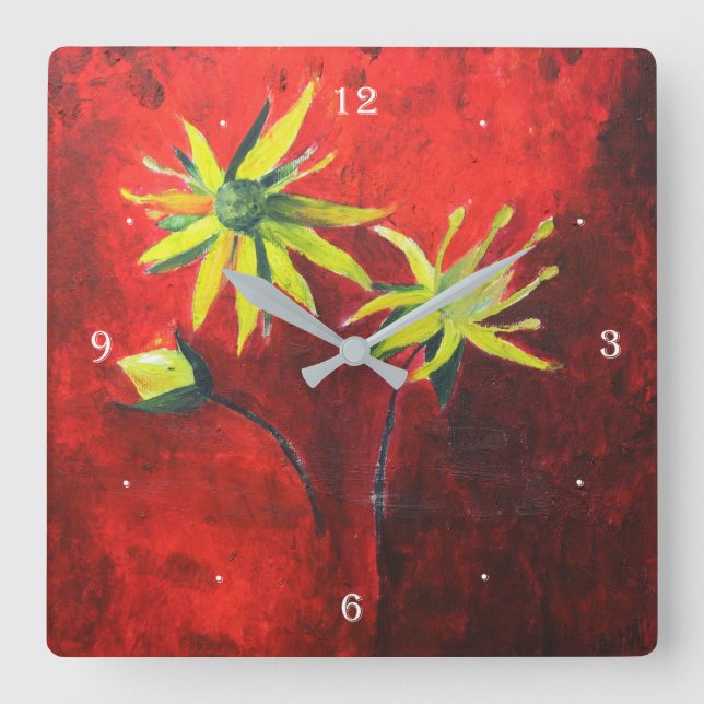 Horloge Carrée Fleurs Jaunes Peinture Arrière - plan Rouge  (Recto)