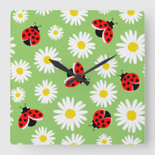 Horloge Carrée Fleurs marguerites et coccinelles