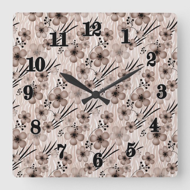 Horloge Carrée Fleurs marron beige motif sur le tigre arrière - p (Recto)