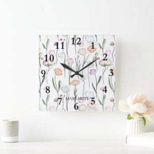 Horloge Carrée Fleurs Pastel personnalisées en blanc