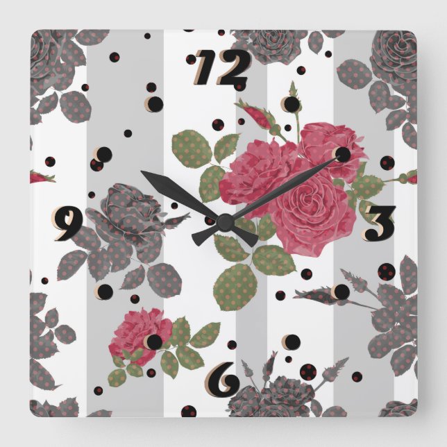 Horloge Carrée Fleurs rayées rouges rustiques gris gris gris (Recto)
