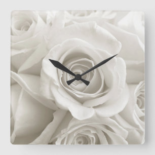 Horloge Carrée Fleurs   Roses blanches