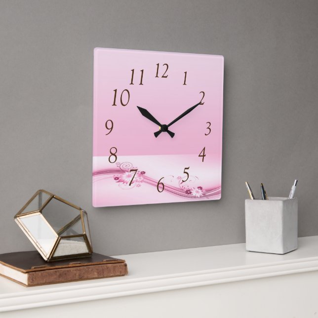 Horloge Carrée Fleurs roses dans les vagues (Bureau)