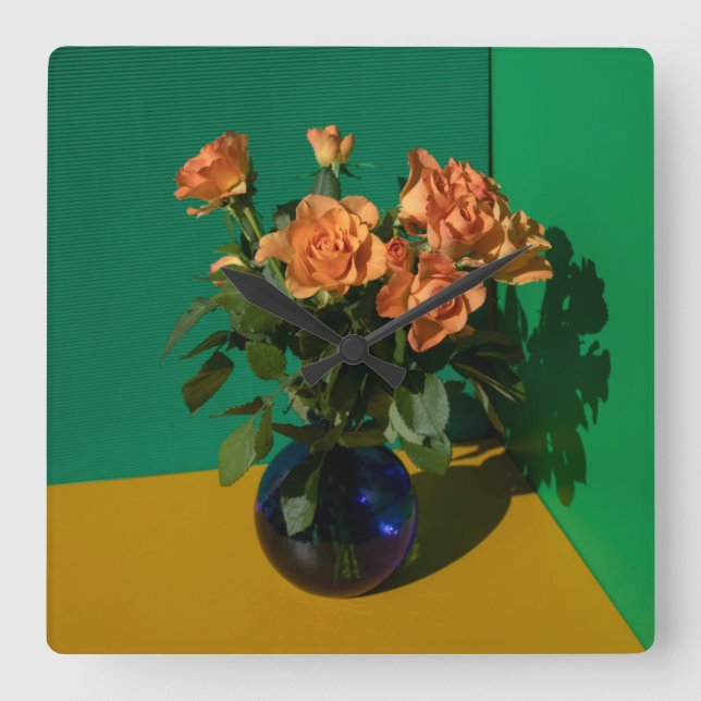 Horloge Carrée Fleurs | Roses dans Vase (Recto)